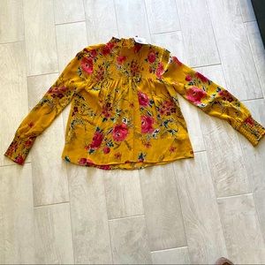 Yellow floral mock neck smocked top L